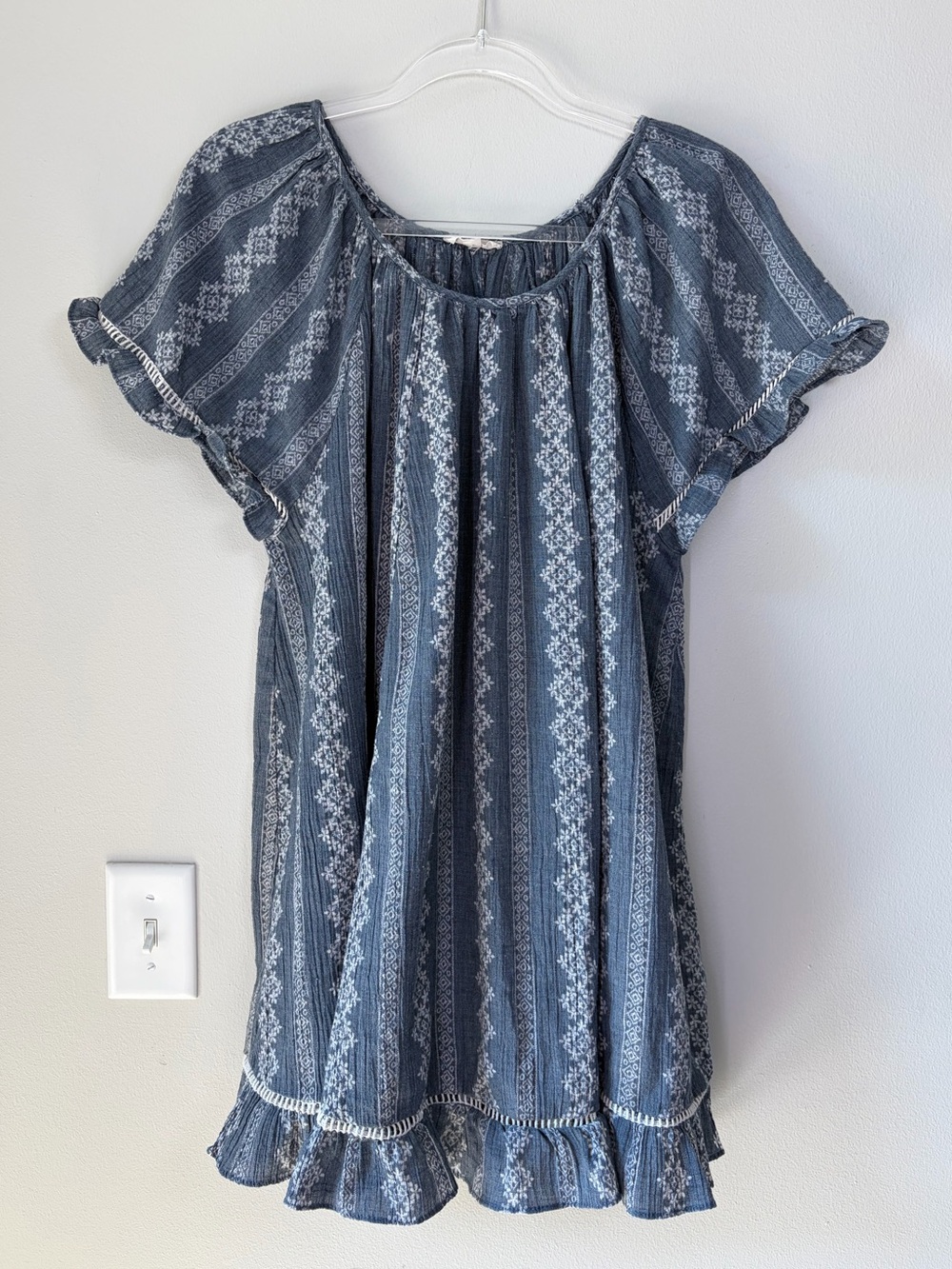 Easel Blue and White Boho Farmhouse Flowy Babydoll Tunic Mini Dress